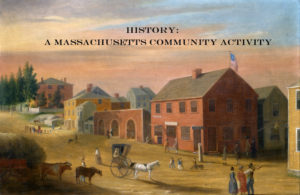 Painting with a row of commercial buildings, stables, and a couple of mansions in the background. In the foreground, a small coach, oxen pulling hay, and people walking